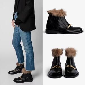 Zadig & Voltaire Black Ankle Boots with Brown Fur and Gold Chain